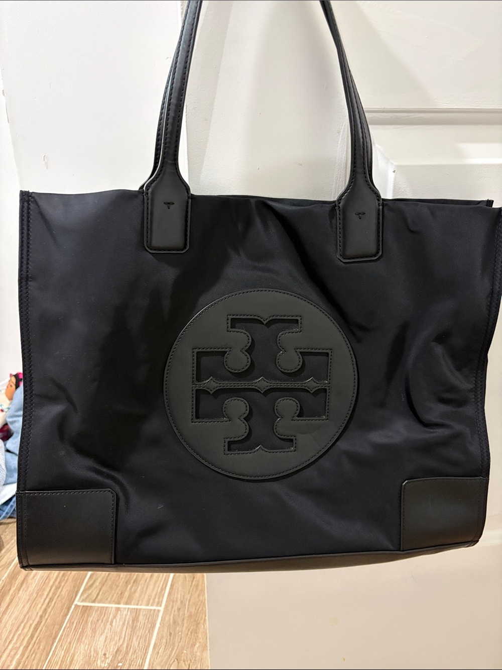 Tory Burch Black Nylon Logo Tote with Leather Trim